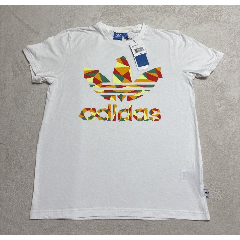 Adidas T Shirt Mens Medium White Short Sleeve Geo Tre Foil Logo Organic Cotton